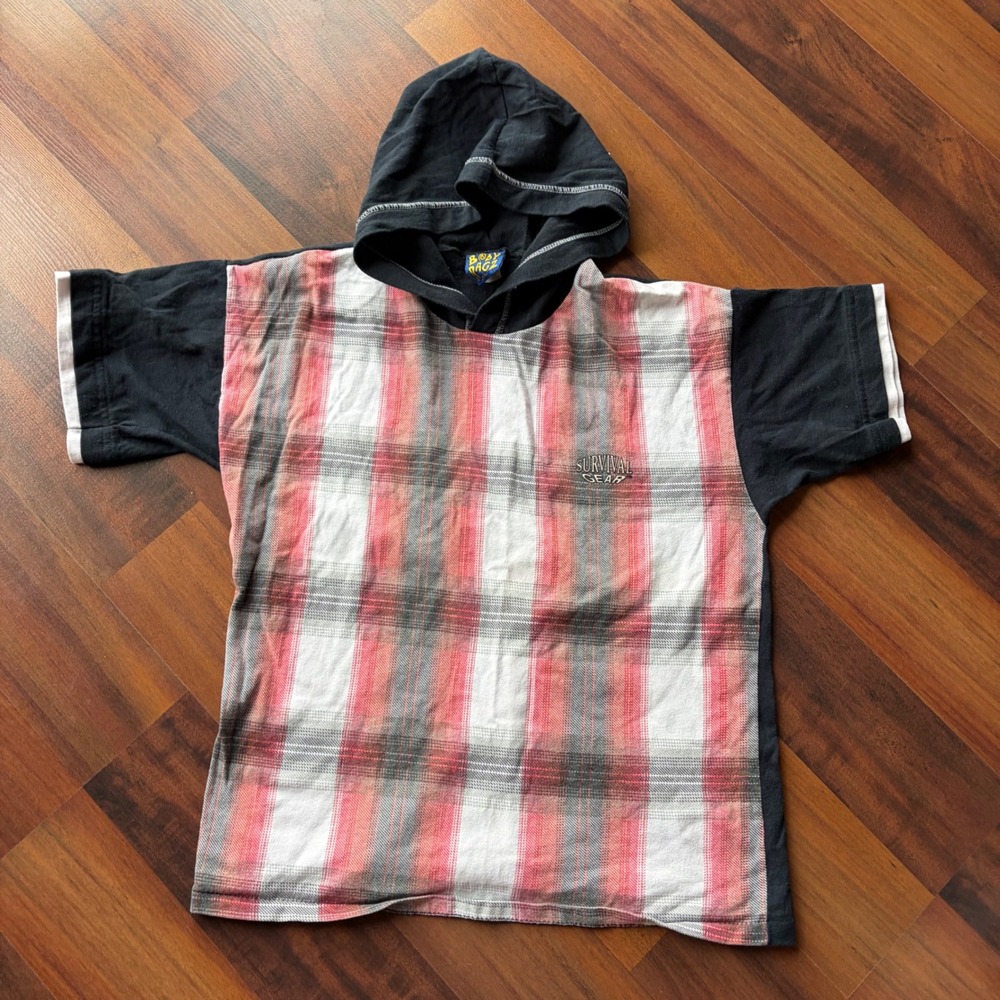 Vintage‎ Body Ragz Survival Gear Plaid Hooded T-Shirt Kids Large 14 Made in USA